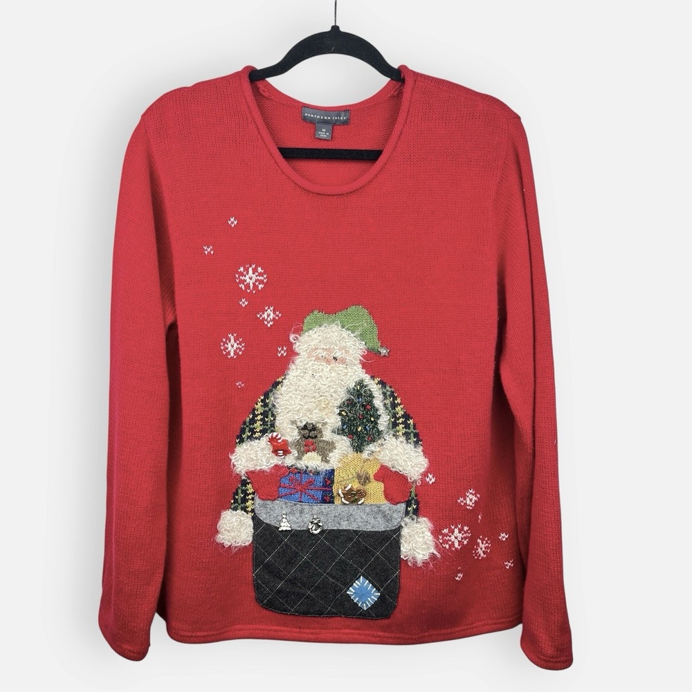 Vintage Northern Isles Christmas Sweater‎ Red Santa Medium Buttons Fuzzy